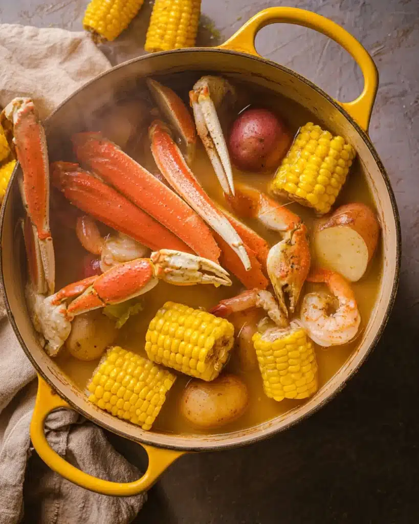 Cajun seafood boil simmering with shrimp, crab legs, corn, and potatoes in yellow Dutch oven