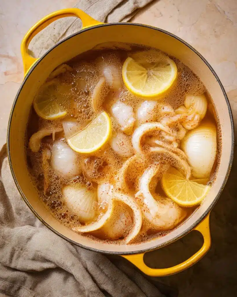 Cajun seafood boil broth with onions and lemon simmering in yellow Dutch oven