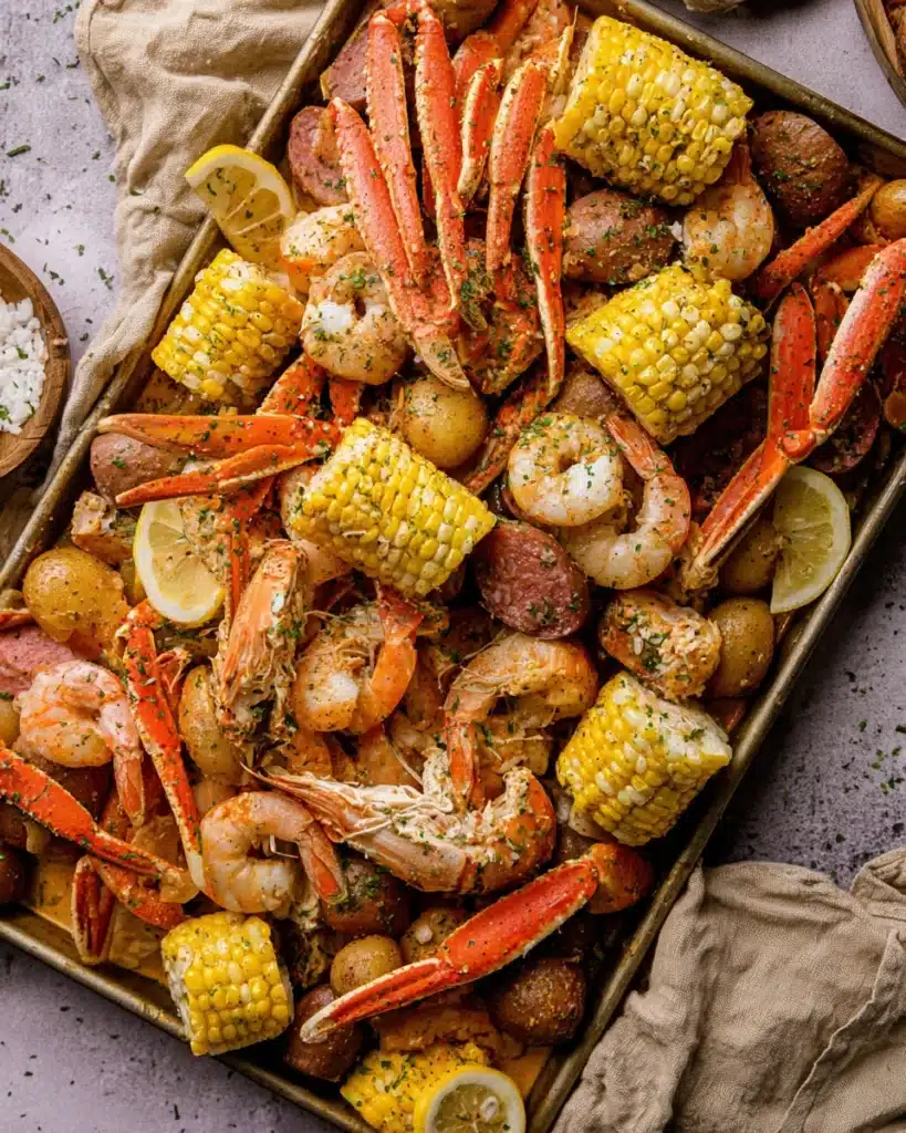 Cajun seafood boil on a sheet pan with shrimp, crab, corn, and potatoes in garlic butter sauce