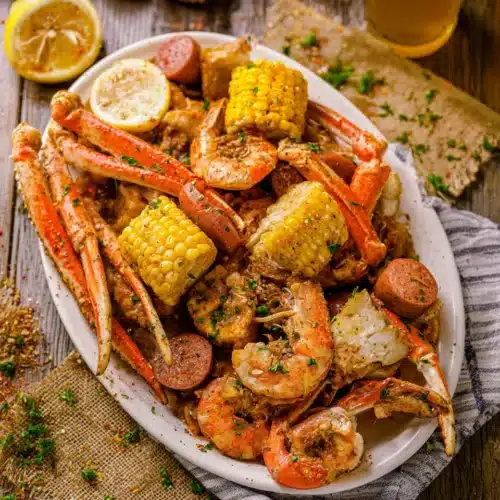 Cajun seafood boil with shrimp, crab legs, corn, and sausage in garlic butter sauce