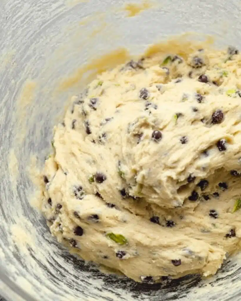 "Cookie dough with chocolate chips and pistachios, ready to be baked."