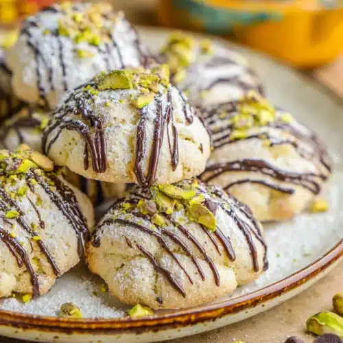 Delicious cannoli cookies drizzled with chocolate and sprinkled with powdered sugar and pistachios.