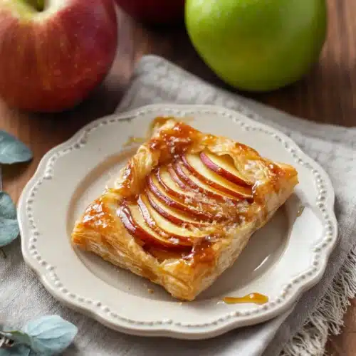 Caramel Apple Puff Pastries with red apple slices and caramel drizzle on a white plate