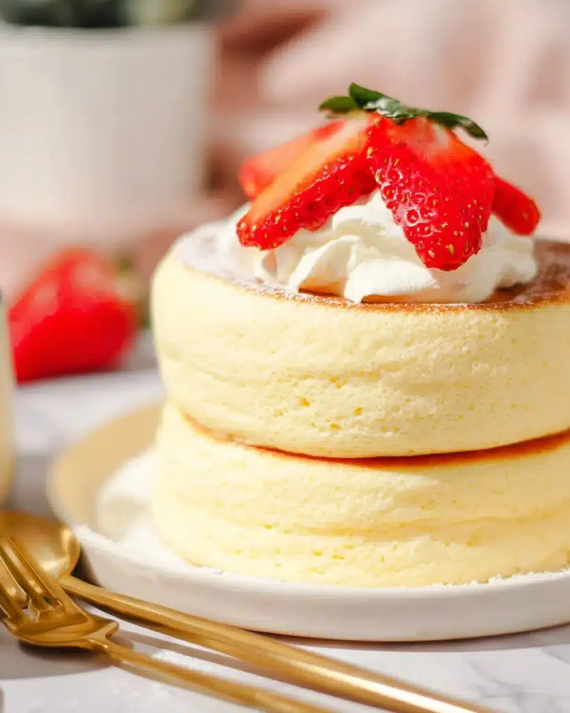 Fluffy Japanese soufflé pancakes topped with strawberries and whipped cream