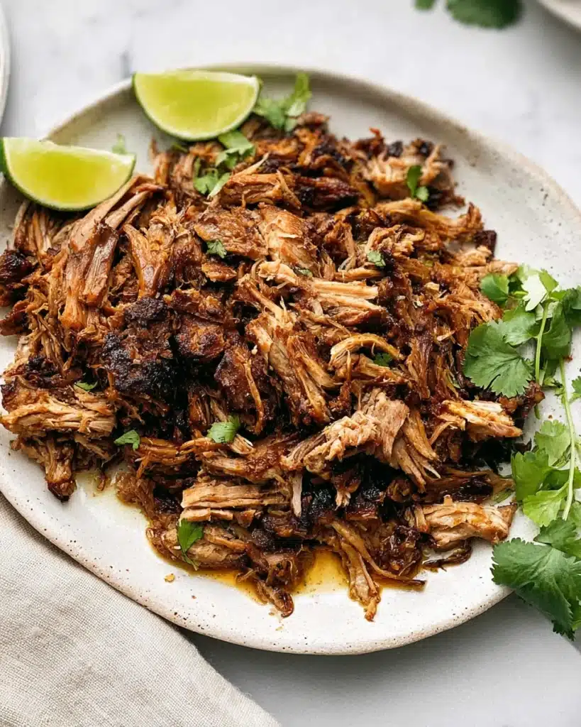 Slow Cooker Carnitas (Tender, Juicy, and Crispy Pork) 1 Juicy shredded carnitas on a white plate with lime and cilantro