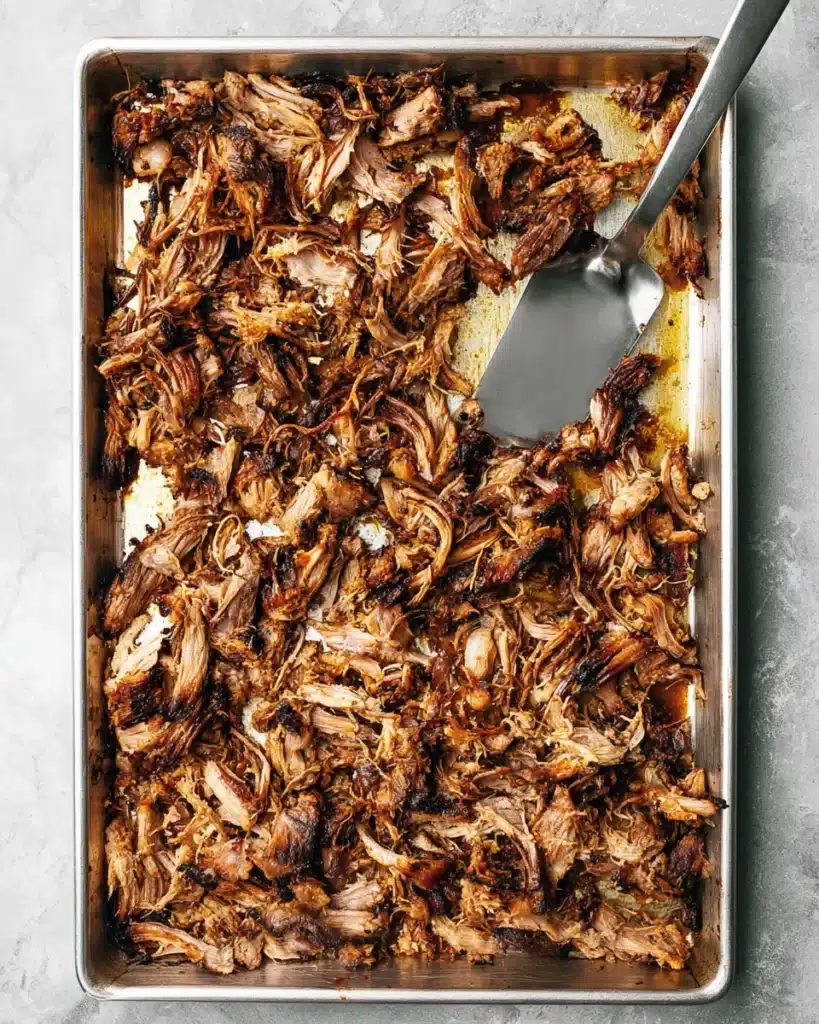 Slow Cooker Carnitas (Tender, Juicy, and Crispy Pork) 3 Crispy shredded carnitas on a baking sheet after broiling