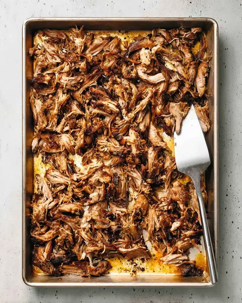 Slow Cooker Carnitas Tacos (Juicy, Crispy, and Easy) 3 Crispy shredded carnitas on baking sheet with spatula