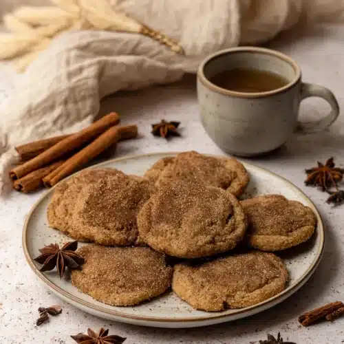 Soft and chewy chai cookies on a beige plate with cinnamon and star anise