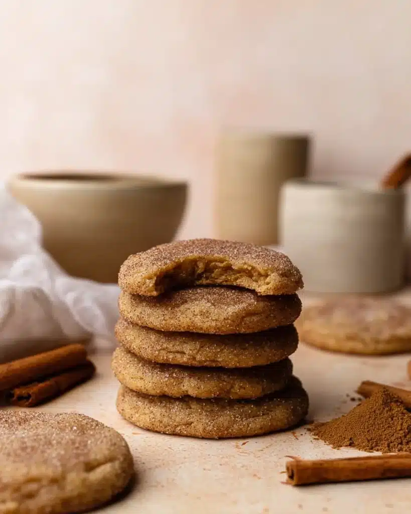 Stack of soft chai cookies with cinnamon and sugar sparkle