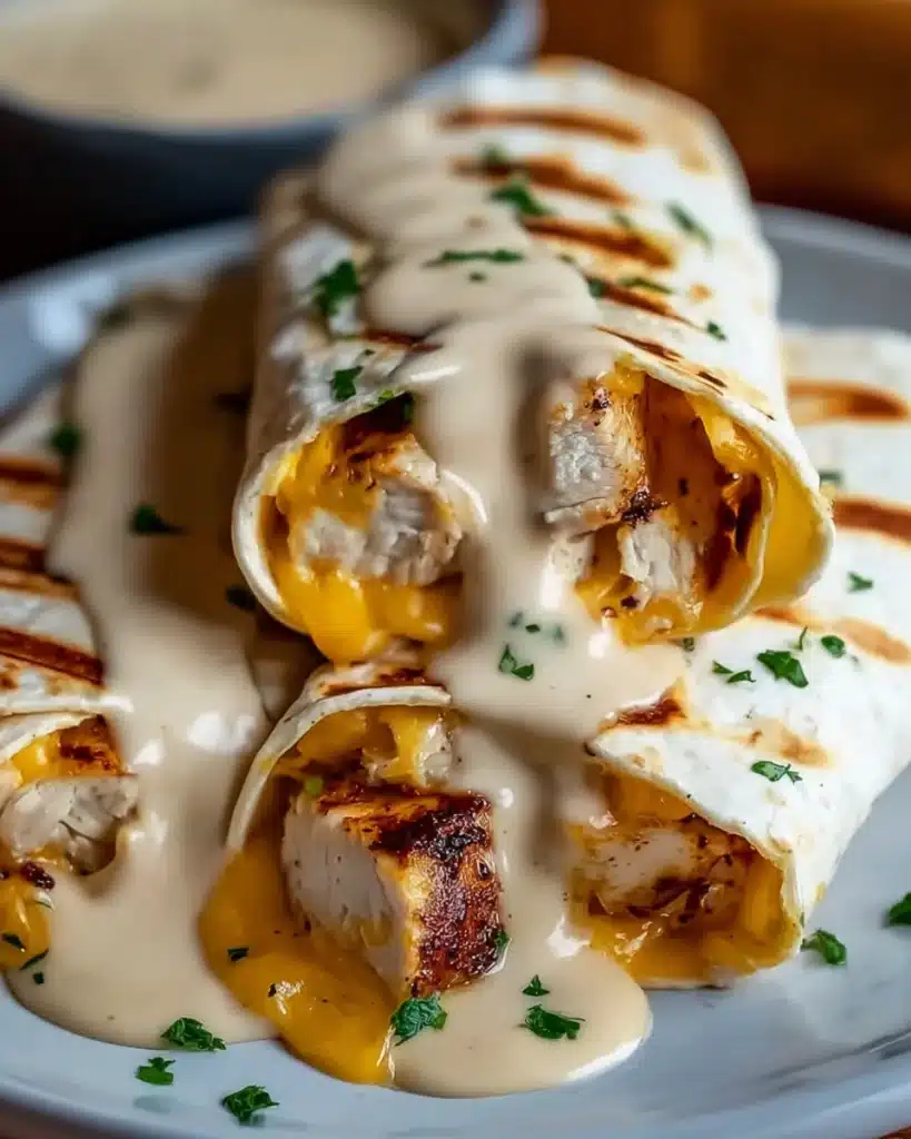 Cheesy Garlic Chicken Wraps – The Ultimate Crispy, Cheesy, and Flavor-Packed Meal 2 Crispy cheesy garlic chicken wraps drizzled with creamy garlic sauce