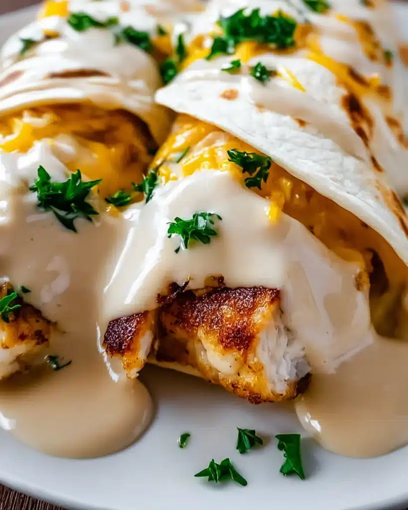 Cheesy Garlic Chicken Wraps – The Ultimate Crispy, Cheesy, and Flavor-Packed Meal 3 Cheesy garlic chicken wraps with creamy sauce and melted cheese