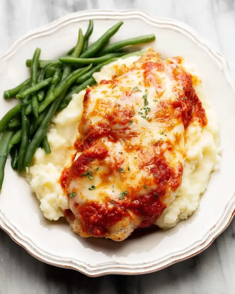 Cheesy Mozzarella Chicken Bake served with mashed potatoes and green beans