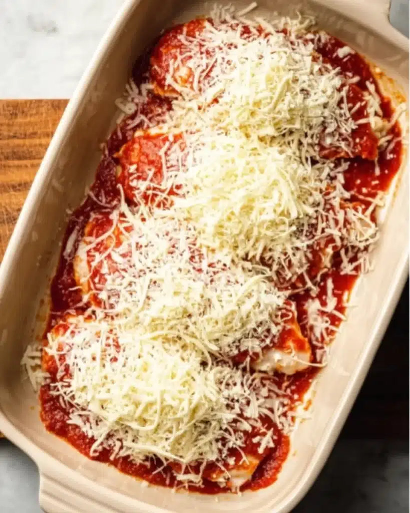 Chicken breasts topped with marinara and shredded mozzarella in baking dish