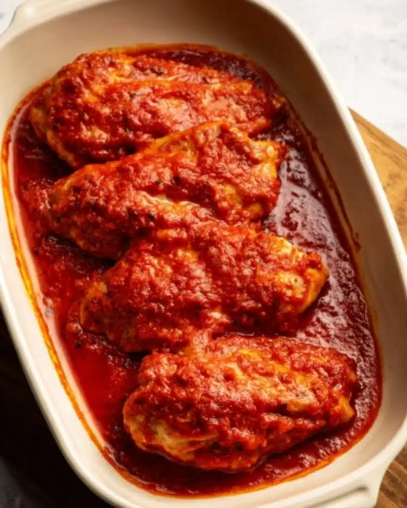 Chicken breasts topped with marinara sauce in baking dish for Cheesy Mozzarella Chicken Bake
