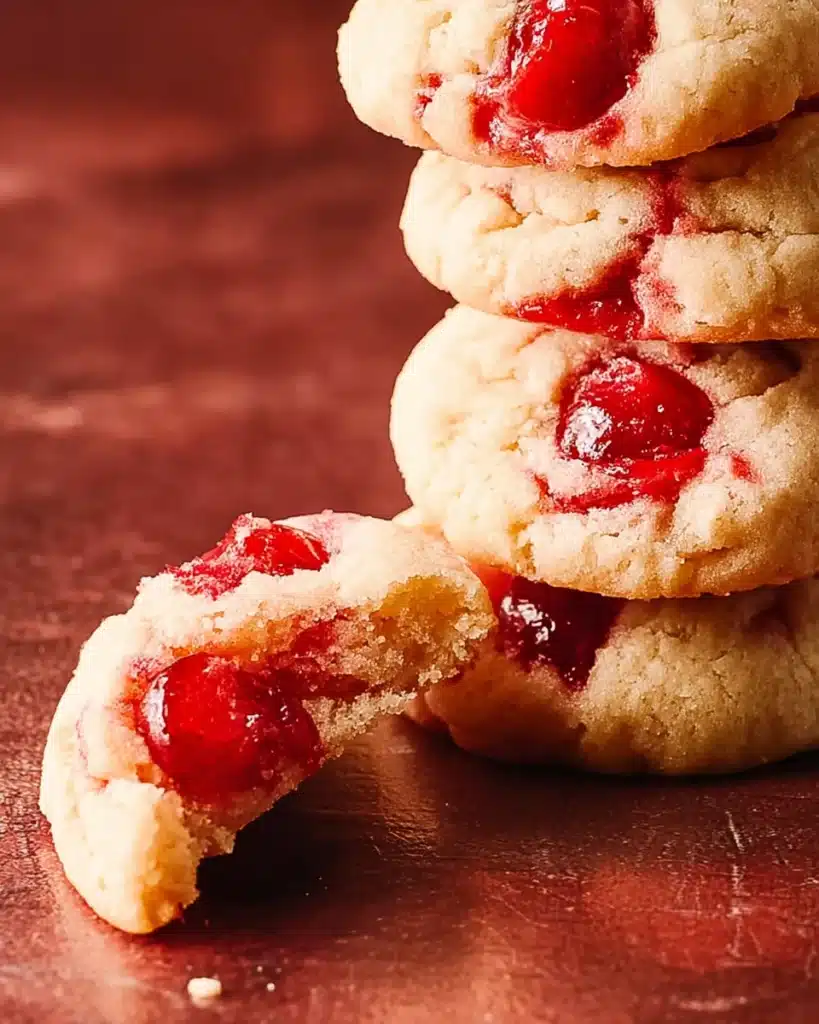 Stack of cherry cookies with one broken cookie showing soft center