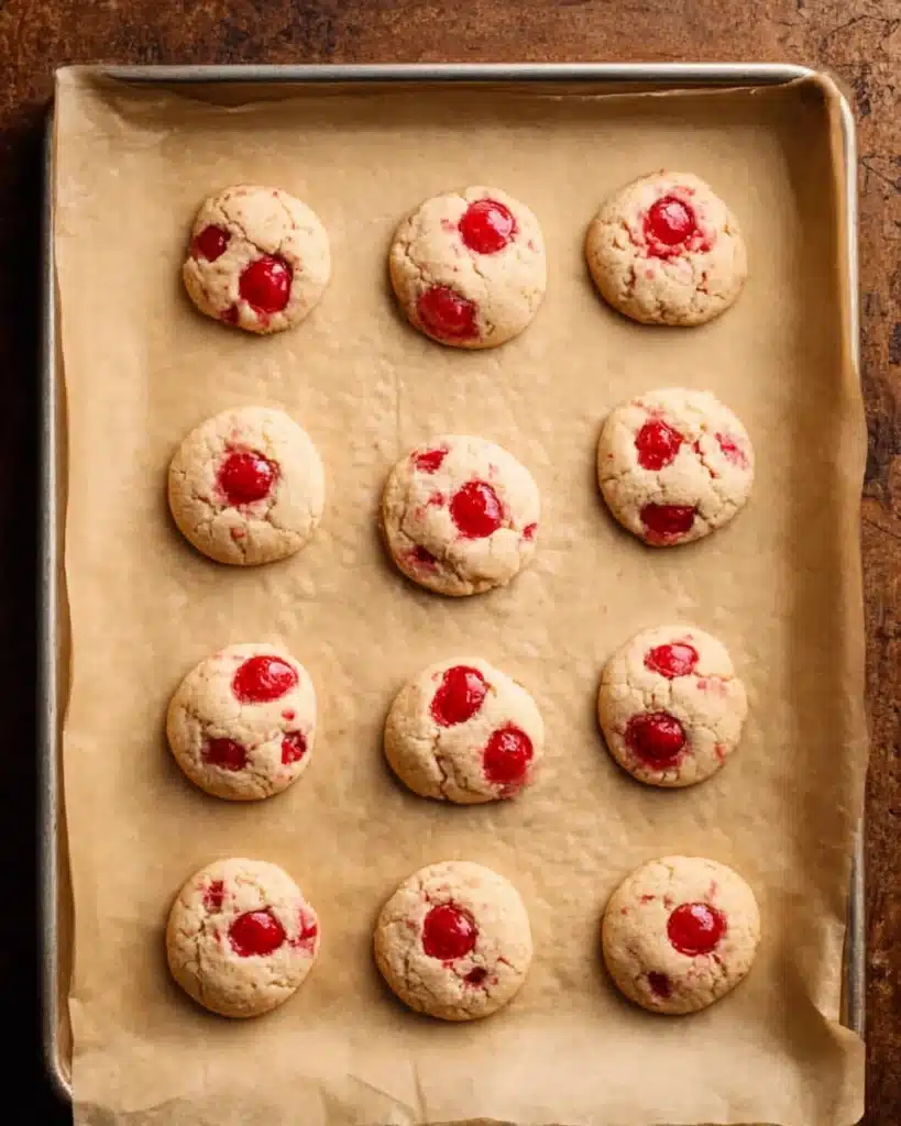 Cherry cookies on parchment-lined baking sheet ready for baking