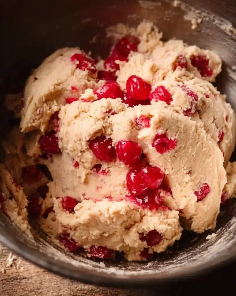 Cherry cookie dough with candied cherries in mixing bowl