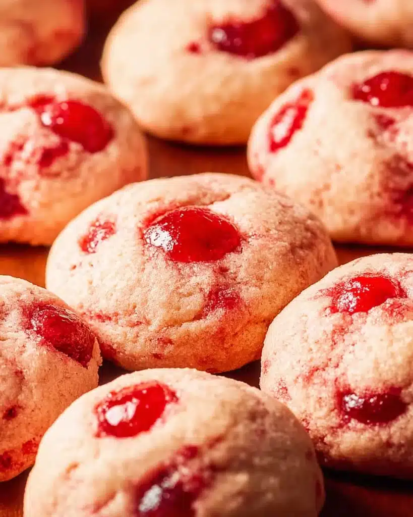 Freshly baked cherry cookies with candied cherries on warm surface