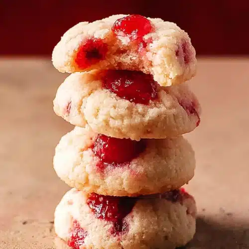 Stack of soft cherry cookies with red candied cherries on rustic surface