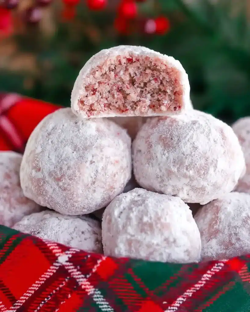 Cherry Snowball Cookies 1 Cherry Snowball Cookies with powdered sugar in a festive basket