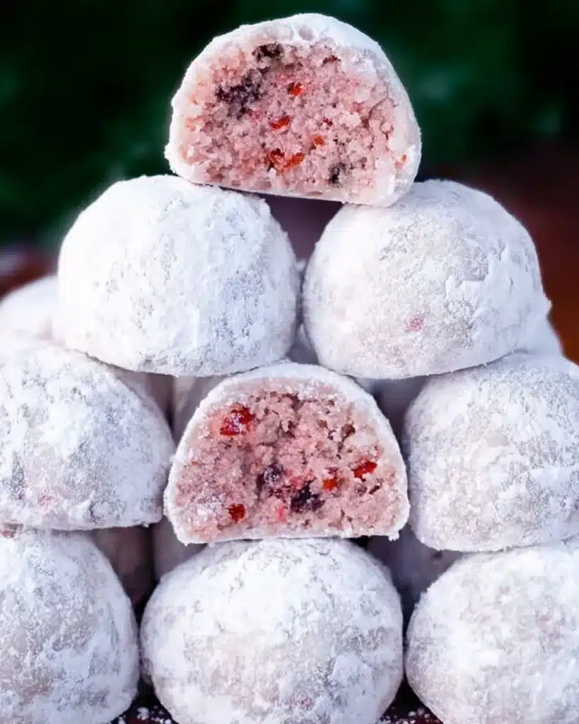 Cherry Snowball Cookies 2 Close-up of cherry snowball cookies with powdered sugar coating
