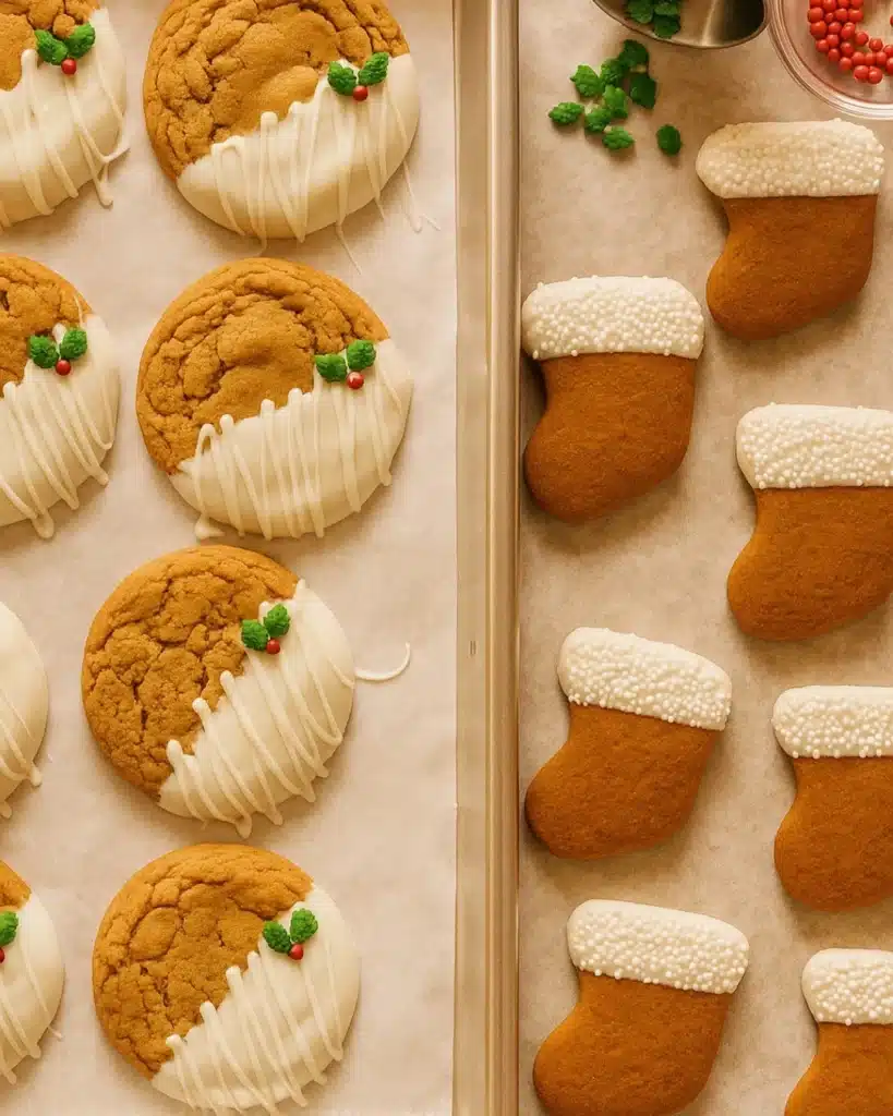 Chewy Maple Cinnamon Cookies with White Chocolate Drizzle (Christmas Favorite) 4 Christmas cookies on trays — maple cinnamon with white chocolate and gingerbread stockings