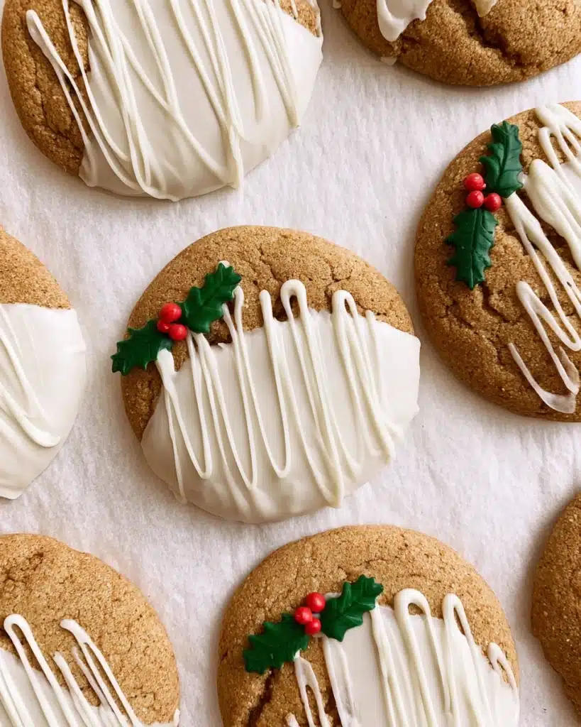 Chewy Maple Cinnamon Cookies with White Chocolate Drizzle (Christmas Favorite) 3 Chewy maple cinnamon cookies dipped in white chocolate with festive holly berry sprinkles