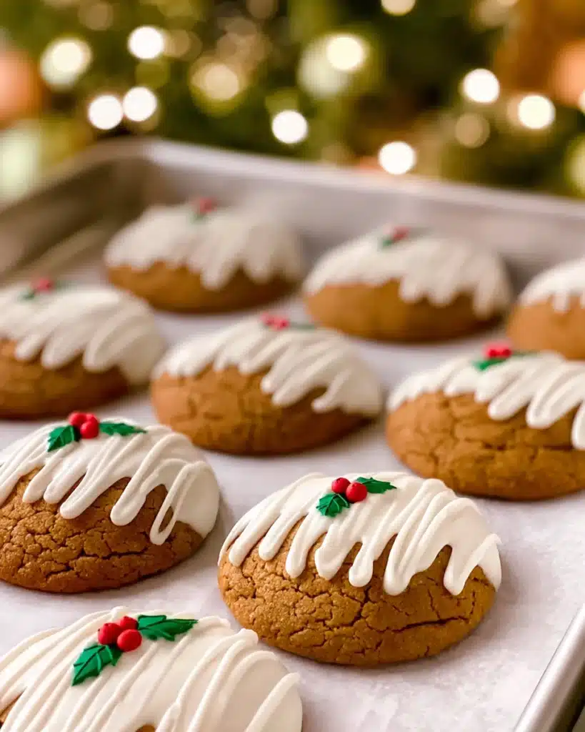 Chewy Maple Cinnamon Cookies with White Chocolate Drizzle (Christmas Favorite) 2 Tray of chewy maple cinnamon cookies dipped in white chocolate with holly berry sprinkles