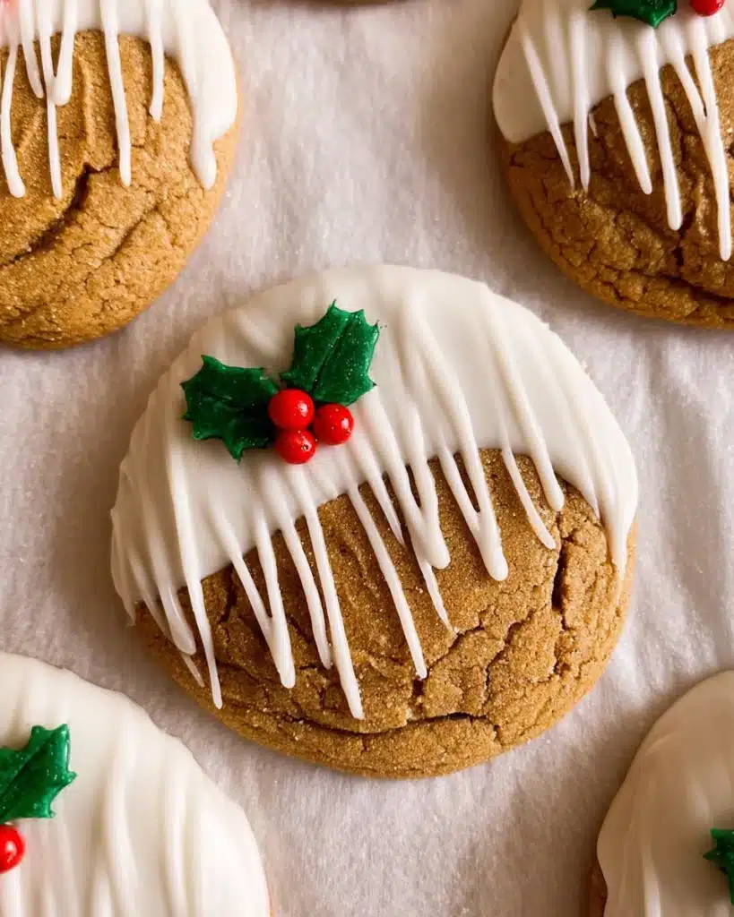 Chewy Maple Cinnamon Cookies with White Chocolate Drizzle (Christmas Favorite) 1 Chewy maple cinnamon cookies dipped in white chocolate with holly berry sprinkles