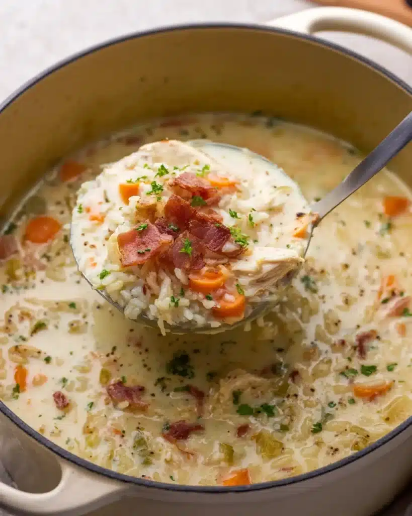 Chicken Bacon Rice Soup (Creamy, Hearty & Easy Recipe) 8 Ladle of creamy chicken bacon rice soup with carrots and parsley