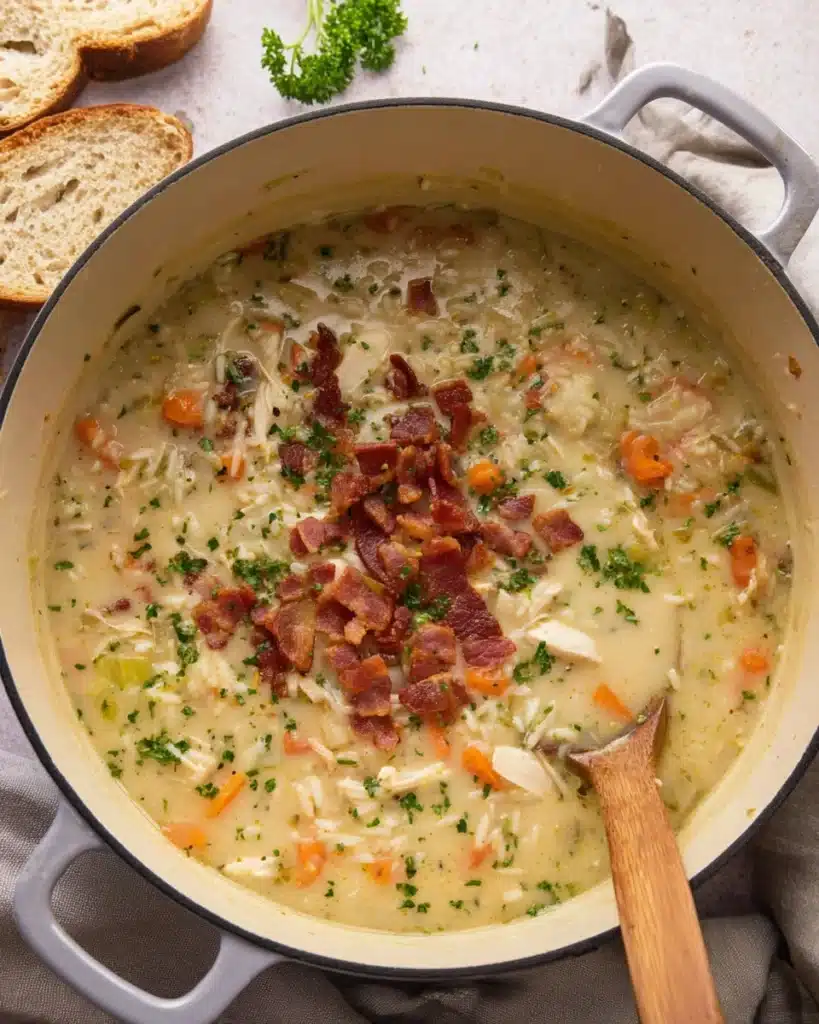 Chicken Bacon Rice Soup (Creamy, Hearty & Easy Recipe) 2 Creamy chicken bacon rice soup simmering in a pot with carrots and bacon