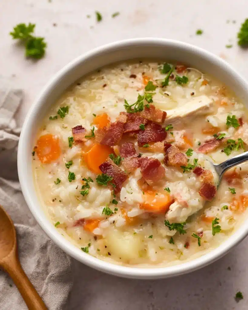 Chicken Bacon Rice Soup (Creamy, Hearty & Easy Recipe) 1 Creamy chicken bacon rice soup in a bowl with carrots, rice, and crispy bacon