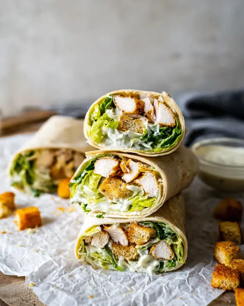 Chicken Caesar Wrap 1 Stacked Chicken Caesar Wraps with lettuce, chicken, and creamy dressing on parchment paper