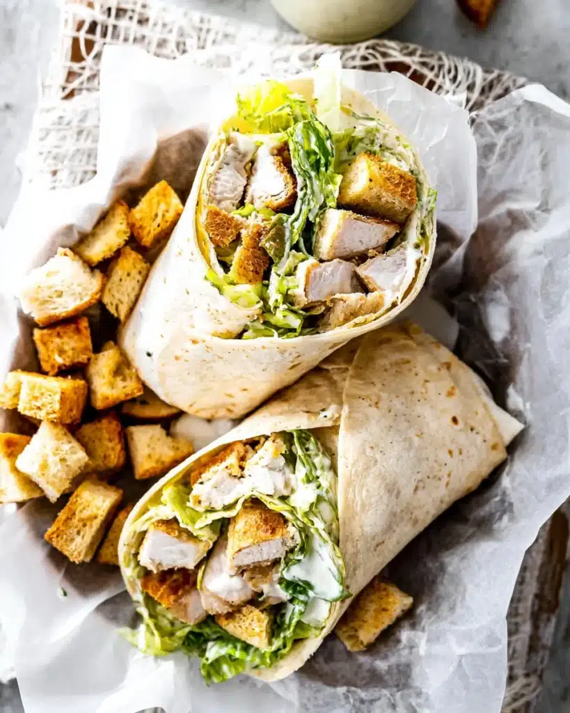 Chicken Caesar Wrap 3 Chicken Caesar Wrap halves filled with lettuce, chicken, and creamy dressing on parchment paper