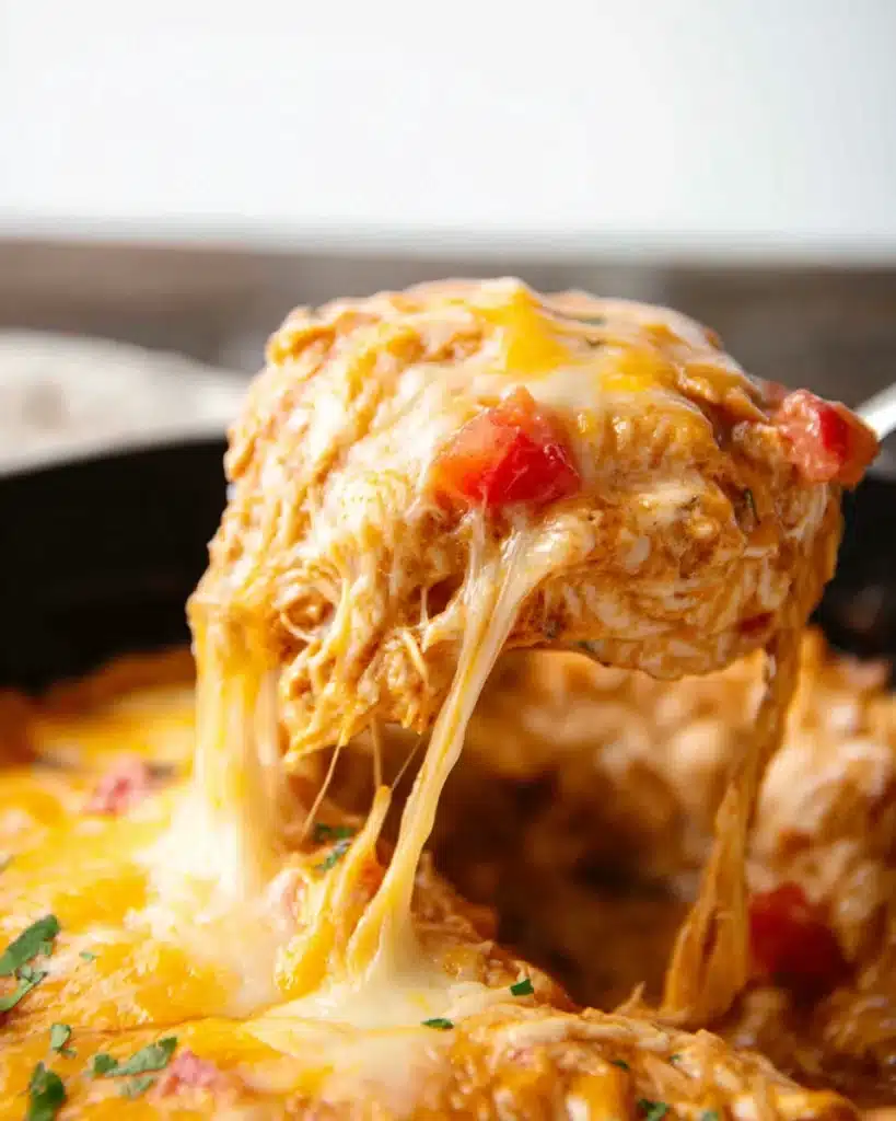 Slow Cooker Chicken Enchilada Casserole 1 Cheesy slow cooker chicken enchilada casserole being served with melted cheese strands