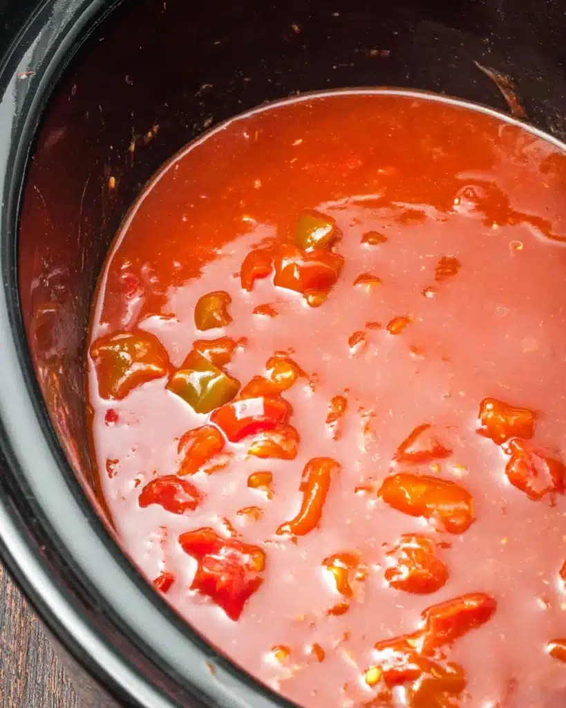 Slow Cooker Chicken Enchilada Casserole 3 Red enchilada sauce with diced tomatoes in a slow cooker for chicken enchilada casserole