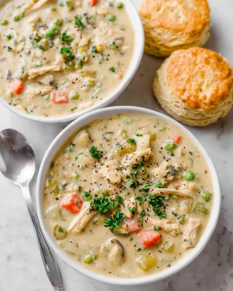 Chicken Pot Pie Soup 2 Two bowls of creamy Chicken Pot Pie Soup with vegetables and biscuits on a marble countertop.