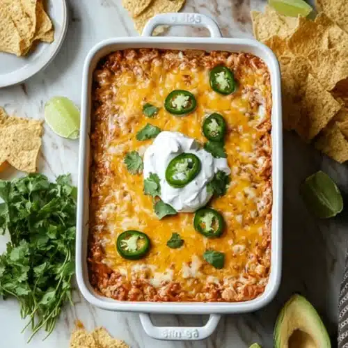 Chicken Taco Casserole Recipe: A Flavor-Packed Family Favorite 3 Cheesy chicken taco casserole topped with jalapeños, sour cream, and cilantro