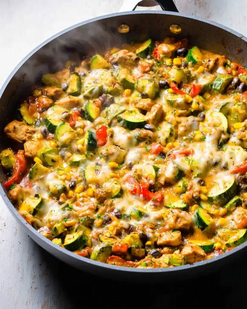 Melted cheesy chicken and zucchini skillet with corn and bell peppers