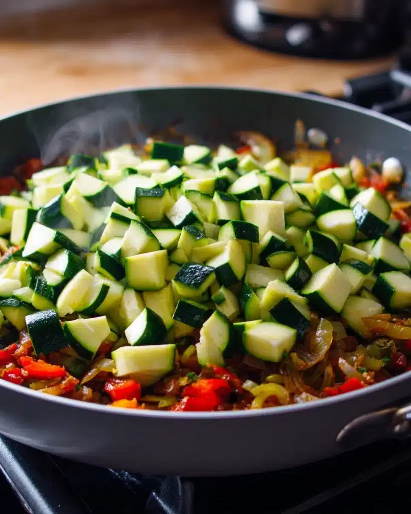 Adding diced zucchini to skillet with sautéed vegetables for chicken and zucchini