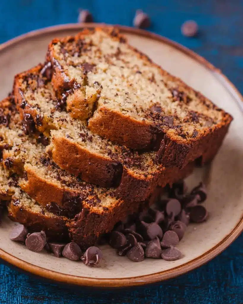 Moist chocolate chip banana bread slices on a blue plate with melted chocolate chips