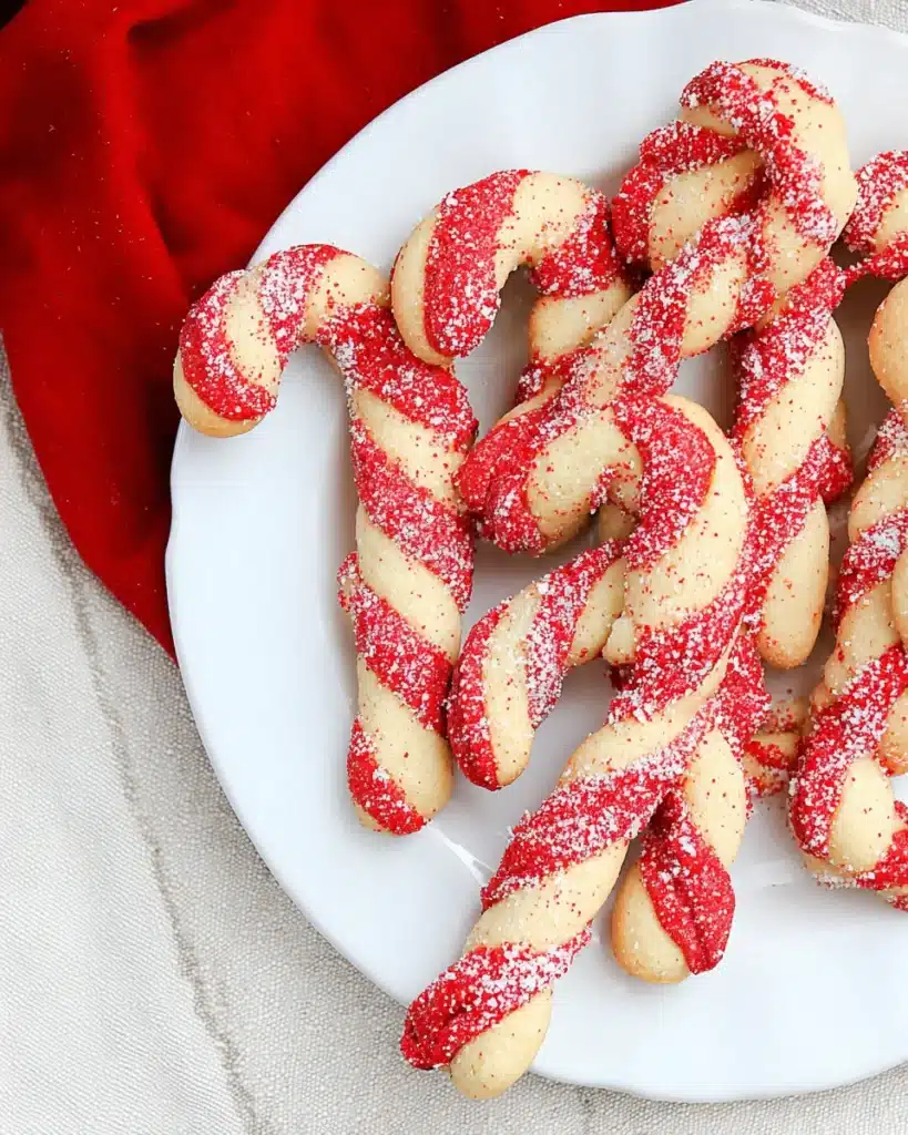 Christmas Candy Cane Cookies Recipe 3 Freshly baked red and white Christmas Candy Cane Cookies on a white plate