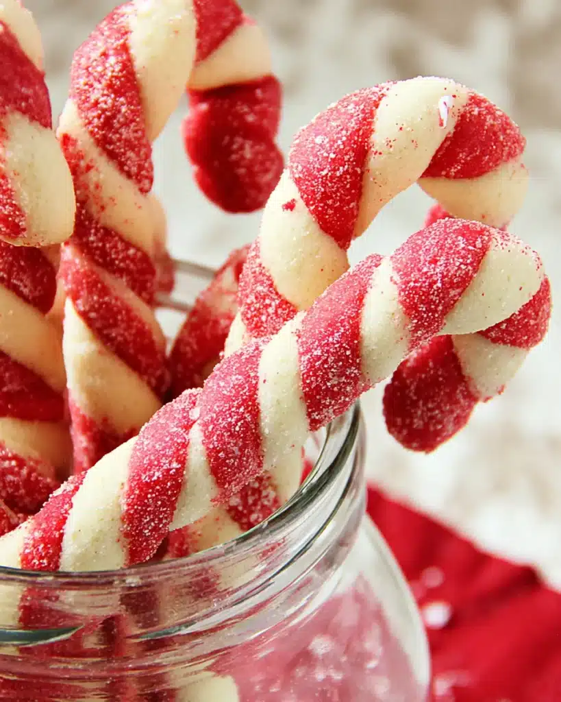 Christmas Candy Cane Cookies Recipe 1 Christmas Candy Cane Cookies in a glass jar with peppermint sugar topping