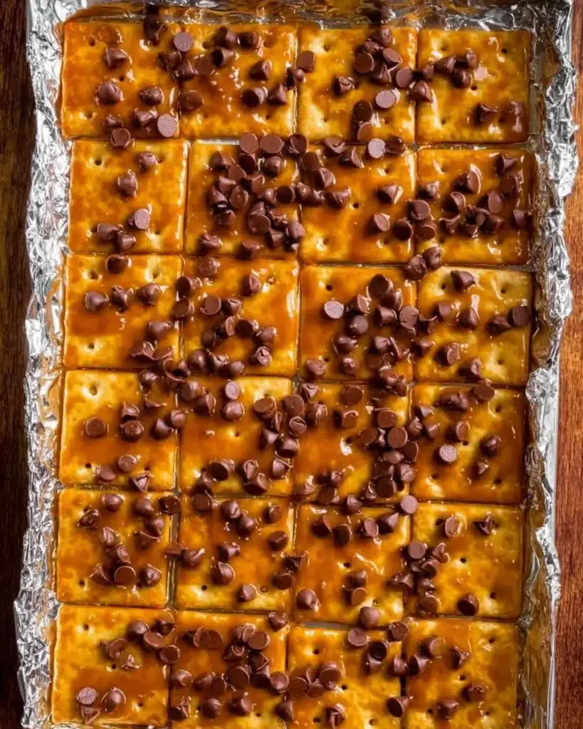 Caramel-coated saltine crackers topped with melting chocolate chips for Christmas Crack