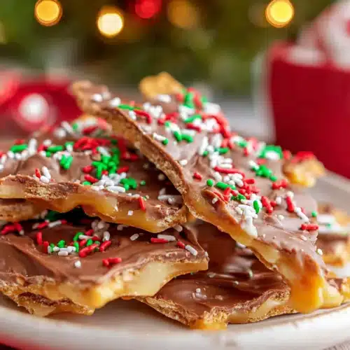 Christmas Crack toffee bark with chocolate and holiday sprinkles on a plate