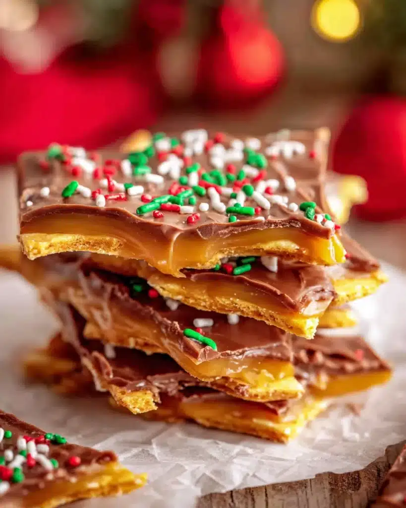 Stack of homemade Christmas Crack toffee with chocolate and sprinkles