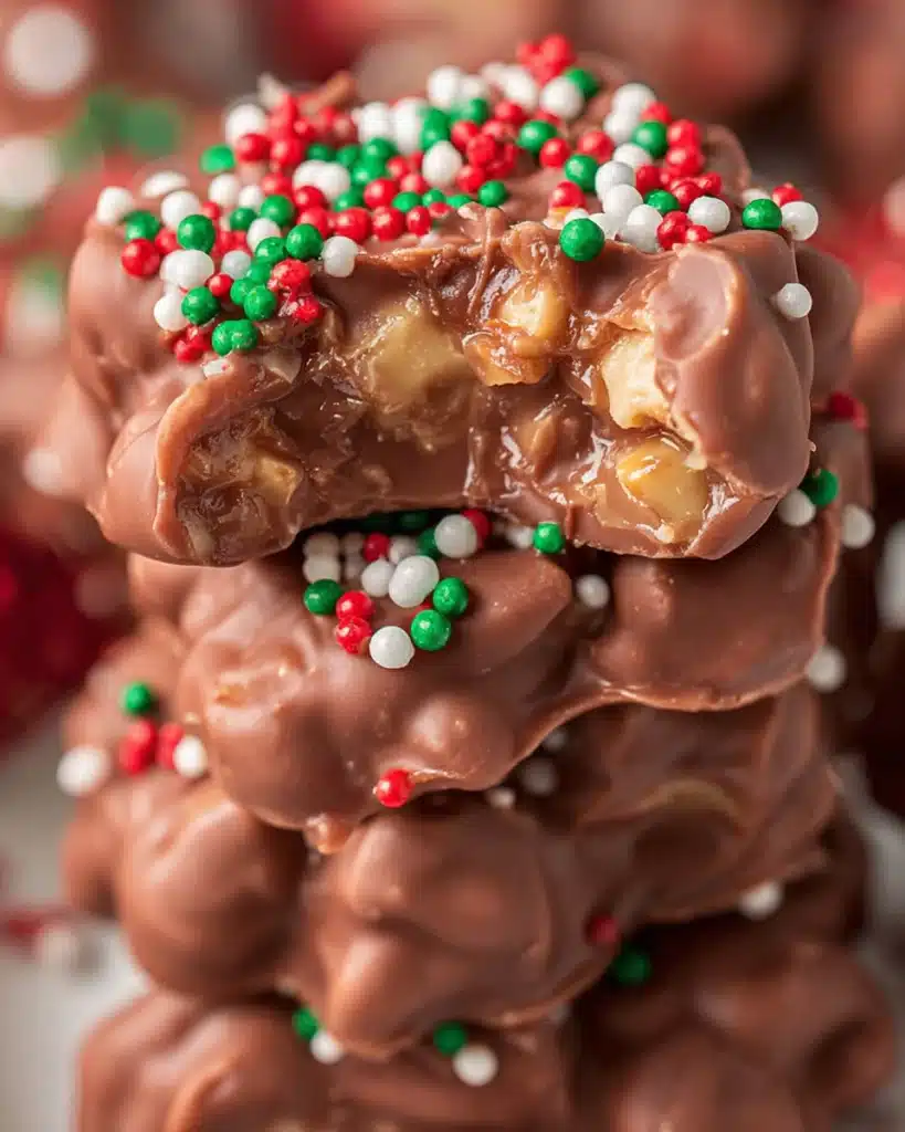 Close-up of bitten Christmas Crock Pot Candy showing peanuts and chocolate
