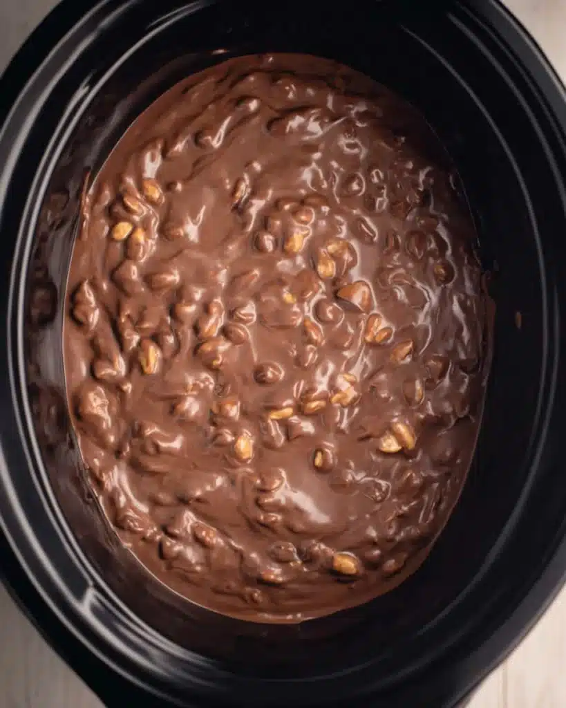 Melted chocolate peanut mixture in slow cooker for Christmas Crock Pot Candy