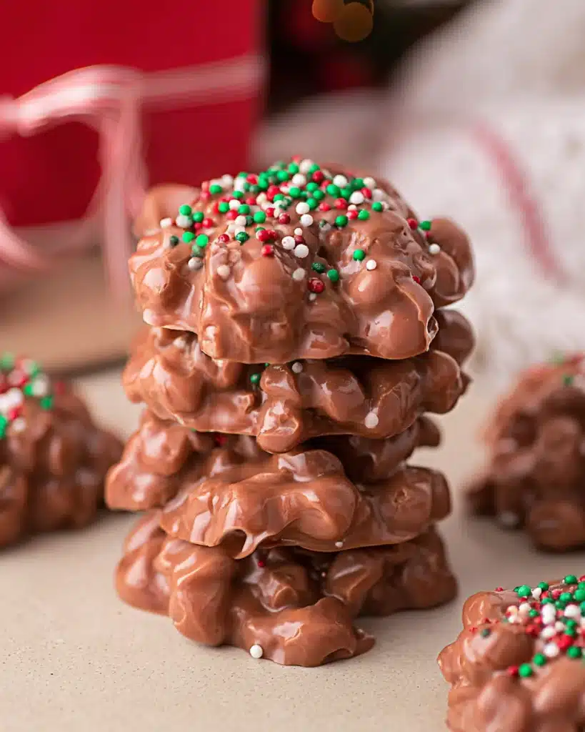 Stack of Christmas Crock Pot Candy with festive sprinkles on light surface