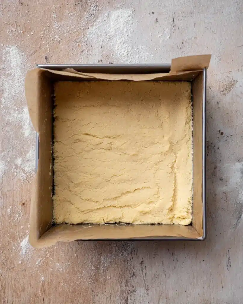 Christmas Sugar Cookie Bars (Soft, Chewy & Frosted) 3 Unbaked Christmas sugar cookie bar dough pressed in pan ready to bake